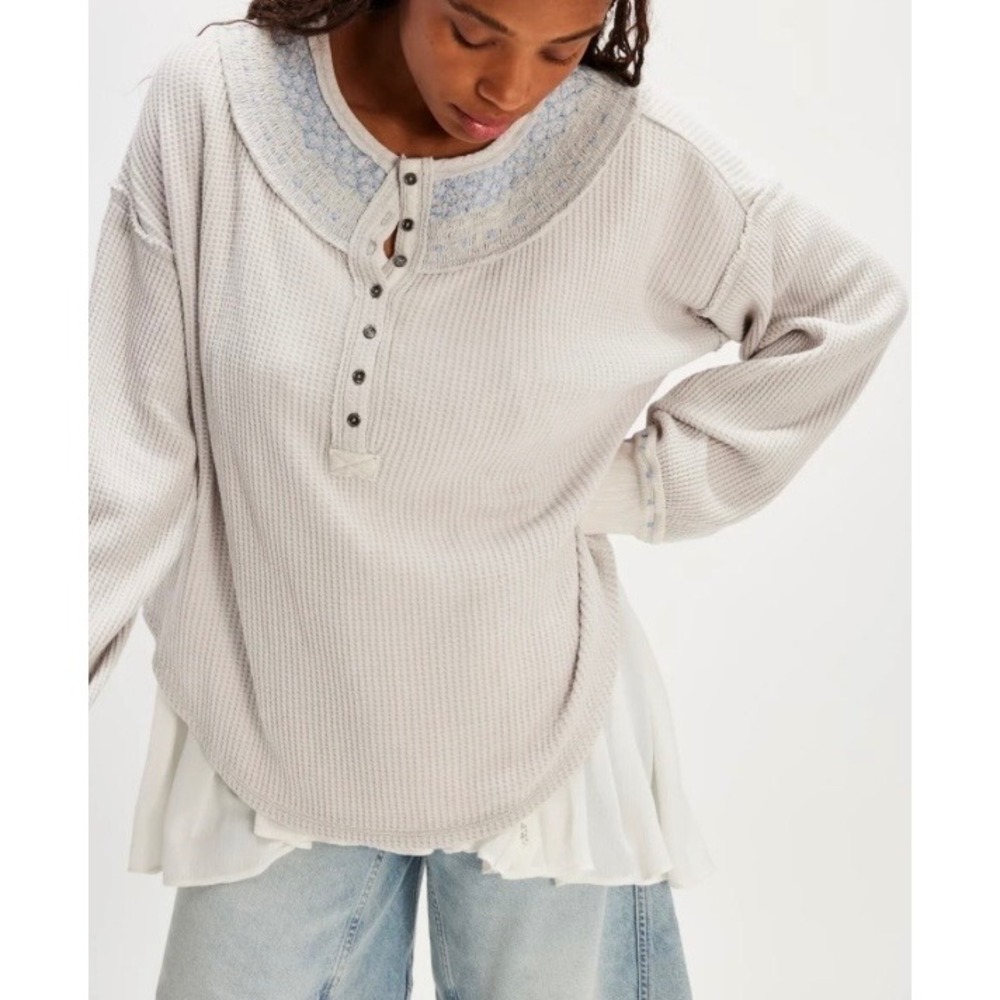 Free People Holly Henley Long Sleeve Top Waffle Knit Grey Blue Embroidered Small